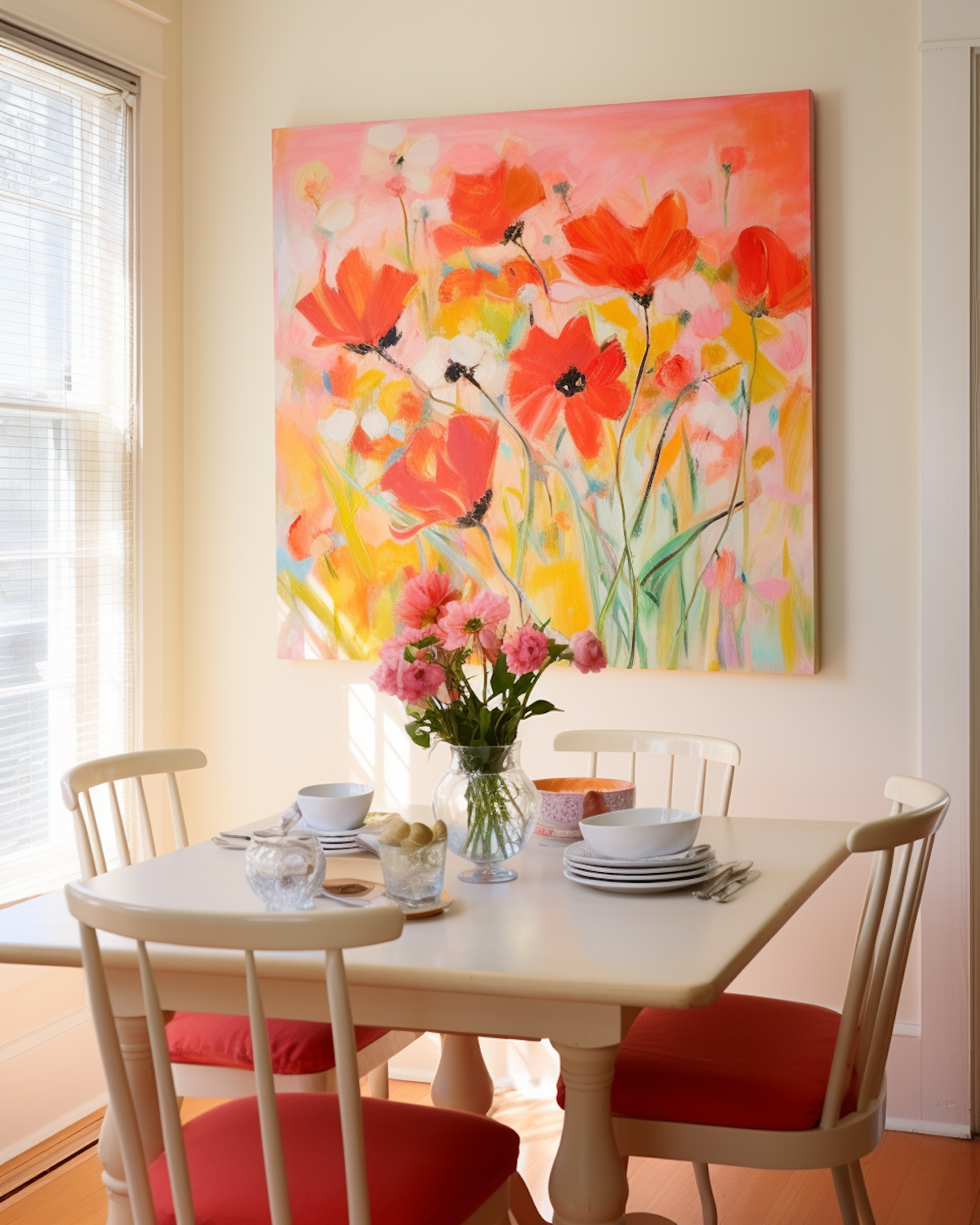 Sunlit dining room with flowers on the tables