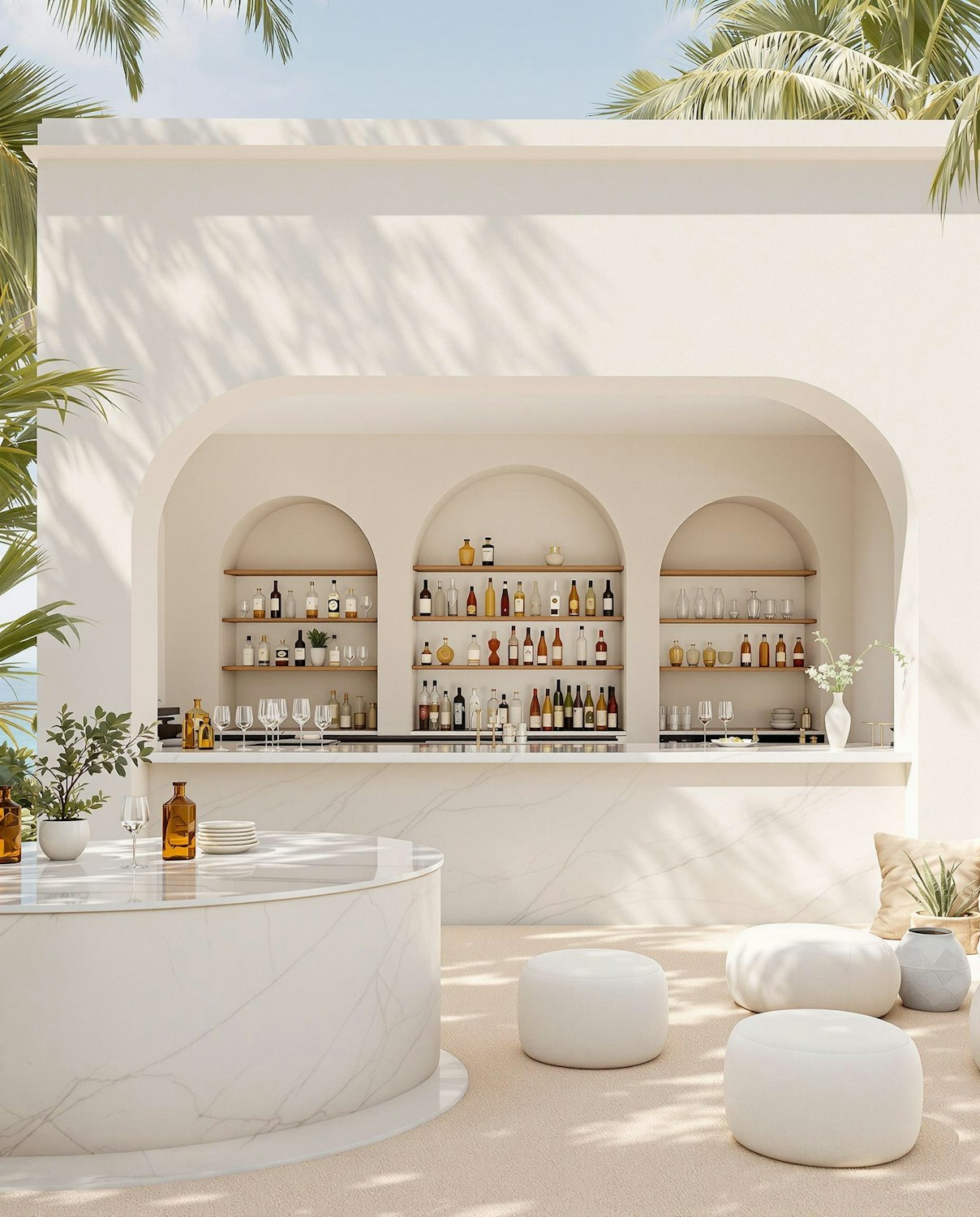 The marble bar lined with bottles